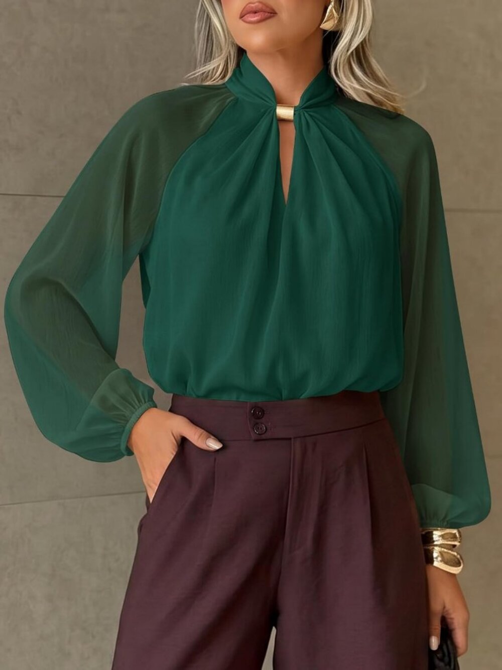 Chic Women's Long Sleeve Chiffon Blouse - Dressy Casual Work Top for Fall - Picture 5 of 6